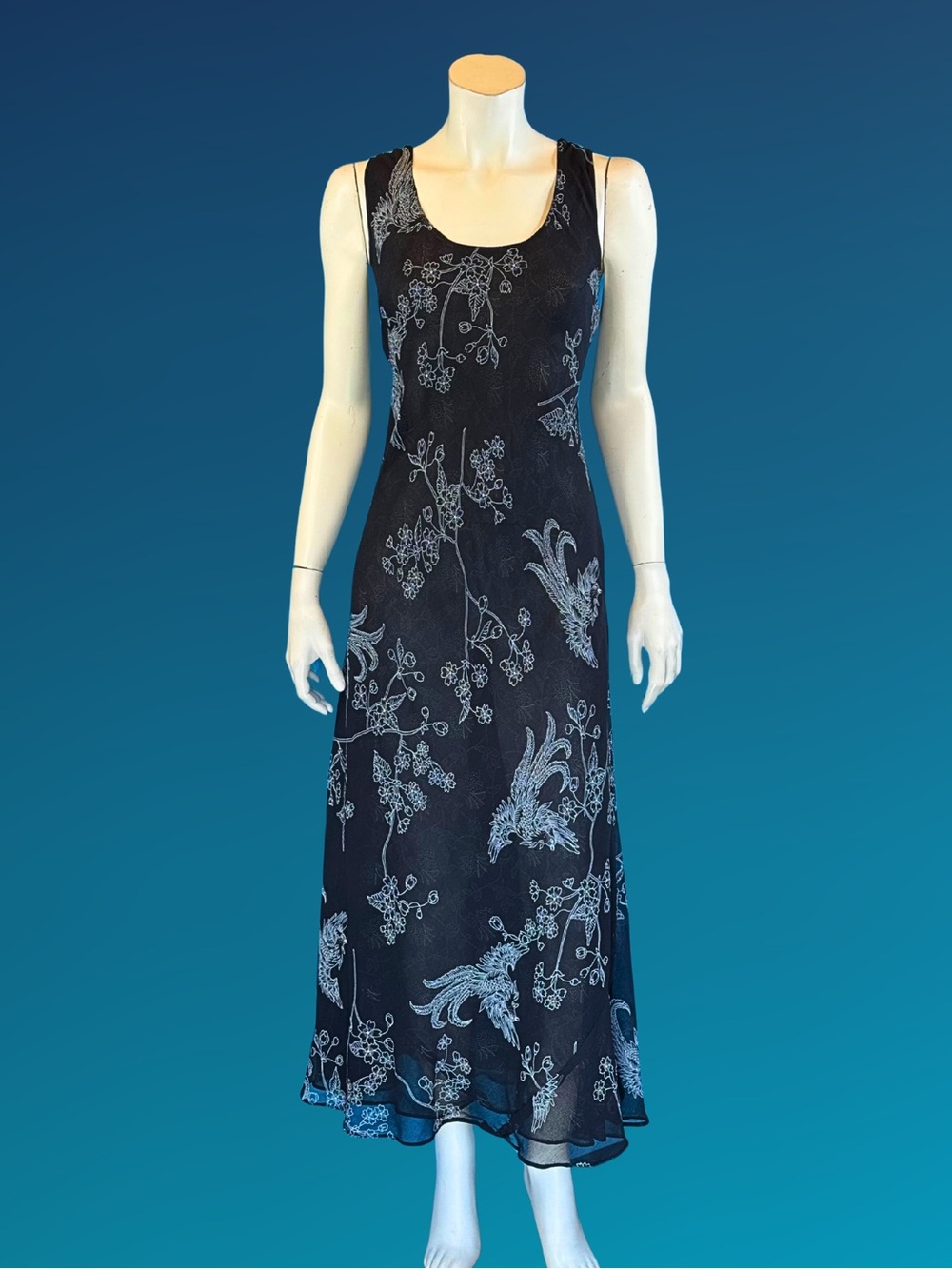 90s Y2K Reversible Black Bird of Paradise Floral Bias cut Maxi Slip Dress | M